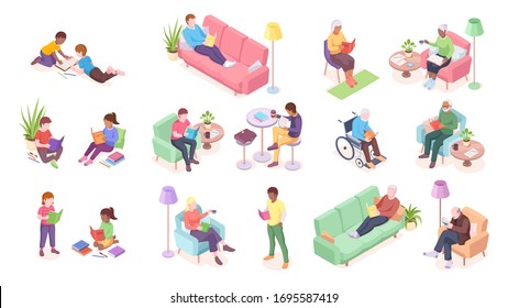 Set of old and young, adult people reading. Children sitting and male lying on sofa, disabled man at wheelchair. Education and literature, reading vector sign design. Isometric people, character