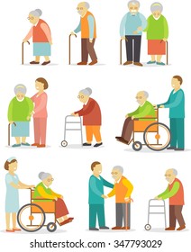 Set of older people in flat style. Elderly people in different situations with caregivers