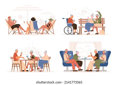 Set Of Older People Playing Cards. Playing Cards On The Beach, On The Train, In The Park And At Home. Flat Vector Illustration.