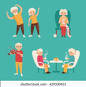 Set with older people. Sports, knitting, playing the violin, tea party. Elderly couples. Vector illustration in flat style. Image for booklets, brochures, flyers, websites. Cartoon character.