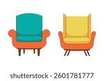 Set of old-fashioned armchairs. Two vintage armchairs. Yellow-orange and blue-orange armchairs. Isolated vector illustration.