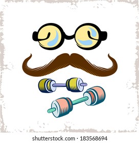 Set of old-fashioned attributes of retro gentleman. Glasses, moustache and dumbbells.