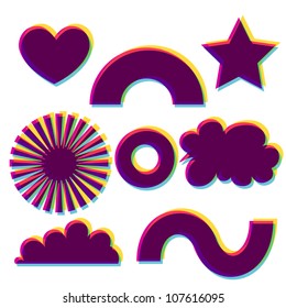 Set of old-fashioned design elements, objects and symbols, with multicolor stereo effect