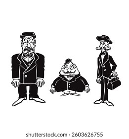 Set of Old-fashioned men in hat, silhouette monochrome vector