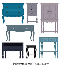 Set de mesita de noche de época, todo incluido. Colección de mobiliario interior retro. Ilustración vectorial en estilo plano, aislada en fondo blanco