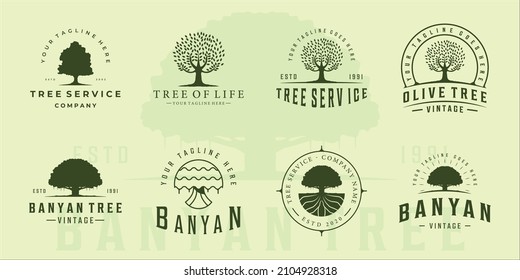 set of olive or banyan tree logo vintage vector illustration template icon graphic design. bundle collection retro green eco and plant environment nature sign or symbol for company with typography
