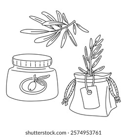 set of olive branches in the form of contour. An olive tree sprout in gift bag, branch with leaves, jar of oils. Isolated flat illustration. An environmentally friendly product with olive oil content