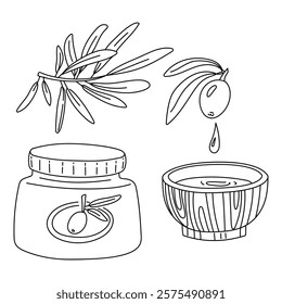 set of olive branches in the form of a contour. An olive tree sprout in gift bag, branch with leaves, olive oil in plate. Isolated flat illustration. environmentally friendly product with olive oil