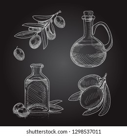 Set of olive branches with olives and bottles with olive oil. Hand drawn sketch on black background