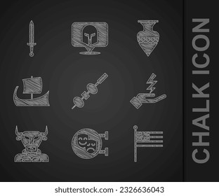 Set Olive and cheese on chopstick, Comedy tragedy masks, Greece national flag, Zeus, Minotaur, Greek trireme, Ancient amphorae and Medieval sword icon. Vector