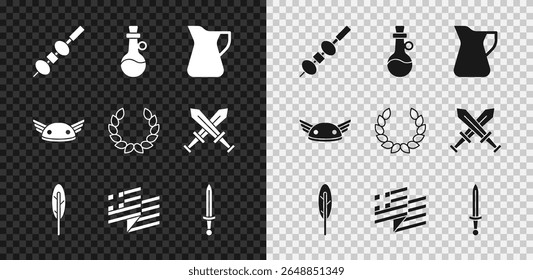 Coloque azeitona e queijo em chopstick, Garrafa de azeite, caneta de penas, bandeira nacional da Grécia, espada medieval, Capacete com asas e ícone de coroa de louro. Vetor