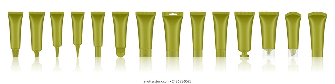 Set of olive green cosmetic tubes. Closed blank tubes with caps. Realistic mockup. Long nozzle tube. for ointment or salve. Gel serum. Korean packaging. Lip gloss. Toothpaste. Hand cream