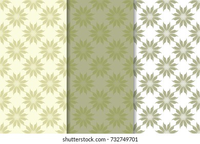 Set of  olive green floral backgrounds. Seamless patterns