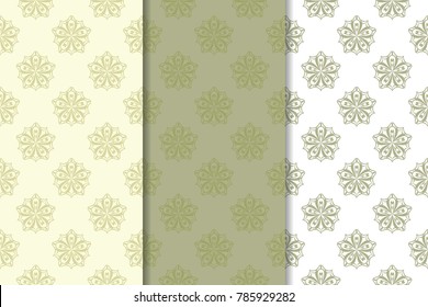 Set of  olive green floral backgrounds. Seamless patterns