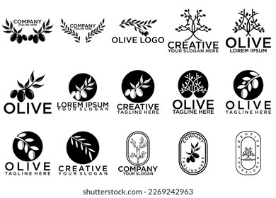 Set of olive hand written lettering logo, label, badge or emblem. Isolated on white background. Vector illustration
