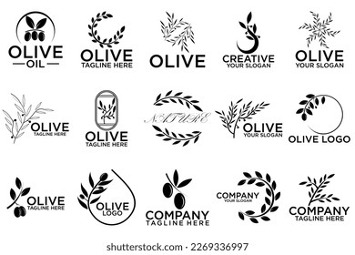 Set of olive hand written lettering logo, label, badge or emblem. Isolated on white background. Vector illustration
