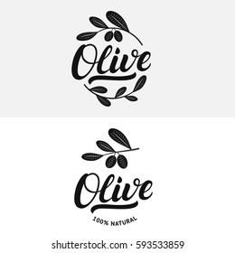 Set of olive hand written lettering logo, label, badge or emblem. Isolated on white background. Vector illustration.