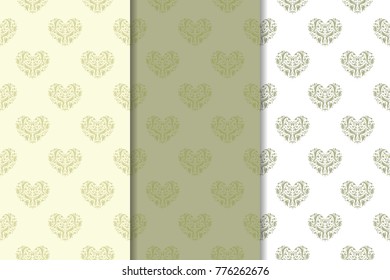 Set of olive hearts as seamless pattern. Romantic backgrounds. Vector illustration