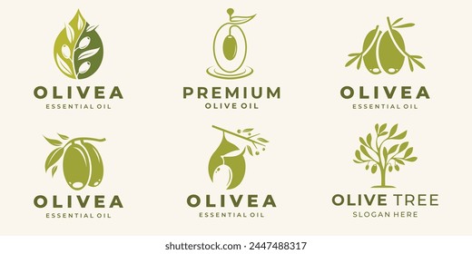 conjunto de inspiración de diseño de logotipo de oliva. Conjunto de Vectores de aceite de oliva Premium. Olivo, ramas y gota.