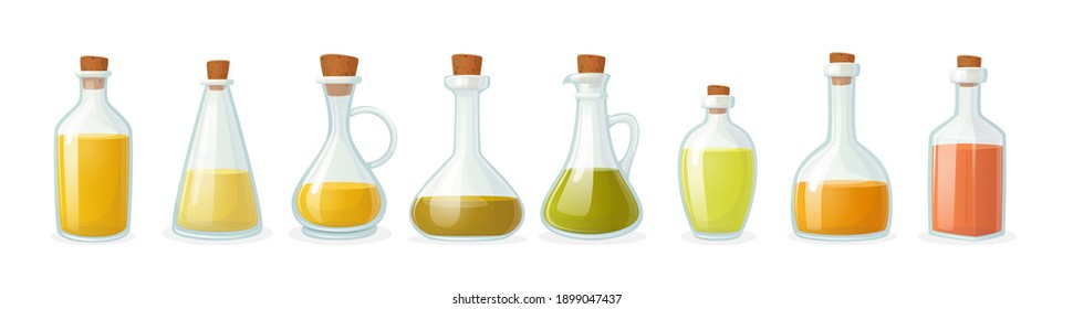 Set of Olive Oil Bottle of Different Shapes Isolated on White Background. Glass Flasks with Short and Long Narrow Neck and Corkwood Bung, Virgin Vegetable Cooking Oil. Cartoon Vector Illustration