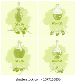 Set of olive oil bottle and olives branch on green background. Hand drawn vector illustration for oil label design.