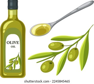 Set of olive oil bottle and spoon illustration