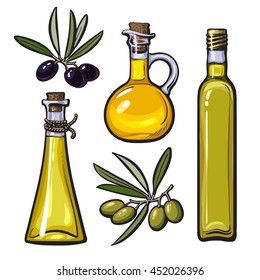 Set of olive oil bottles with black and green olives isolated sketch style vector illustration on white background. Set of beautiful realistic traditional oil bottles