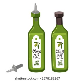 set of olive oil bottles with dispenser. flat illustration is isolated on white. Elements of natural realistic objects are store-bought glass containers for selling oil. For recipes of natural dishes