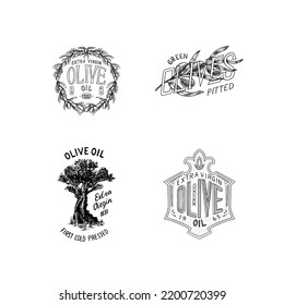 Set of Olive oil and branch of trees logo. Organic vegetarian product in bottle. Green plant badge emblem patch sticker. Engraved hand drawn in old vintage sketch. Vector illustration.