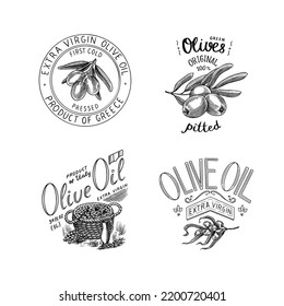 Set of Olive oil and branch of trees logo. Organic vegetarian product in bottle. Green plant badge emblem patch sticker. Engraved hand drawn in old vintage sketch. Vector illustration.