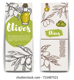 Set of olive oil flyers templates. Design element for poster, banner, card, emblem, sign, label. Vector illustration