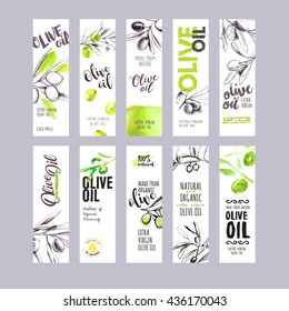 Set of olive oil. Hand drawn vector illustration templates for olive oil packaging.