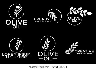 Set of olive oil hand written lettering logo, label, badge or emblem. Isolated on black background. Vector illustration
