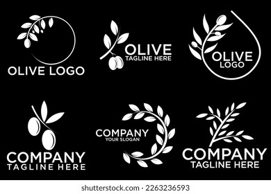 Conjunto de logotipo, etiqueta, placa o emblema escrito a mano con aceite de oliva. Aislado sobre fondo negro. Ilustración del vector