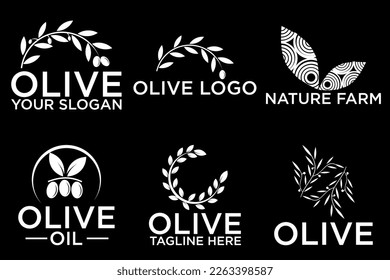 Set of olive oil hand written lettering logo, label, badge or emblem. Isolated on black background. Vector illustration