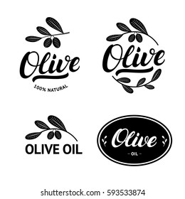 Set of olive oil hand written lettering logo, label, badge or emblem. Isolated on white background. Vector illustration.