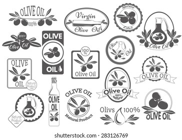 Set of olive oil labels, badges and logos for design. Vector illustration.