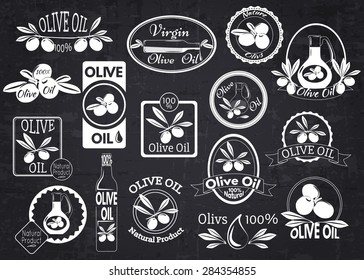Set of olive oil labels, badges and logos for design over blackboard. Vector illustration.