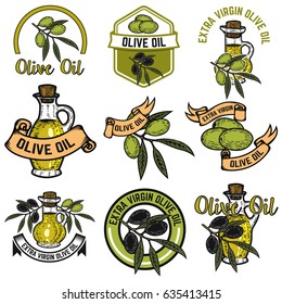 Set of Olive oil labels. Design elements for logo, emblem, sign. Vector illustration