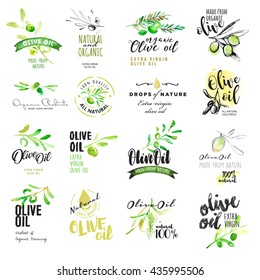 Set of olive oil labels. Hand drawn vector illustrations for olive oil labels, packaging design, natural products, restaurant