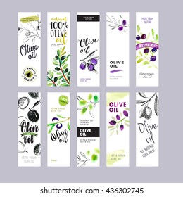 Set of olive oil labels. Hand drawn vector illustration templates for olive oil packaging.