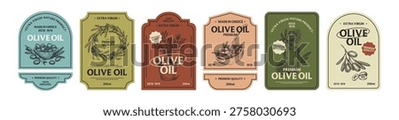 Set of olive oil labels in vintage style. Tags of natural and organic products with engraved sketches on templates. Layouts with tree branches and fruits for bottles. Flat vector illustrations Stock photo © 
