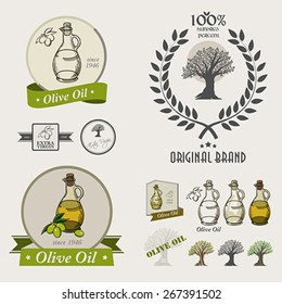Set of olive oil labels,logos badges and design elements. Olive oil bottle. Retro style drawing.