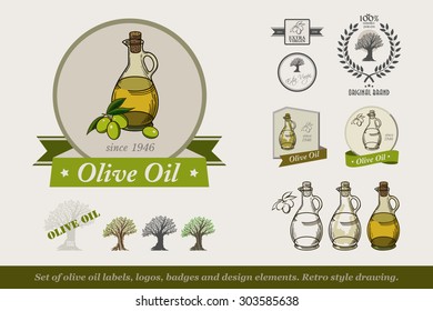 Set of olive oil labels,logos badges and design elements. 
Olive oil bottle. Retro style drawing. Vector illustration.