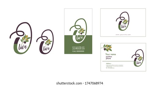 Set of Olive oil logo and card design for business. Extra virgin olive oil.