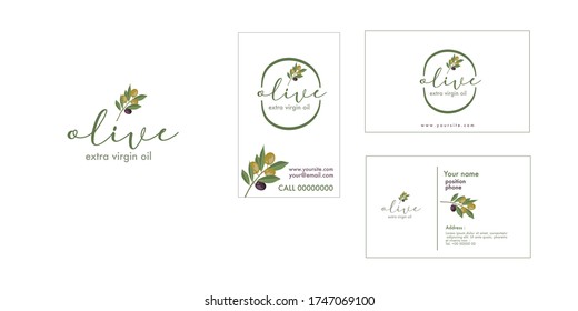 Conjunto de logotipo de aceite de oliva y diseño de tarjetas para empresas. Aceite de oliva virgen extra.