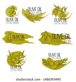 Set of olive oil logos in cartoon style. Vector illustration for design, web and decor for the festival of olives.