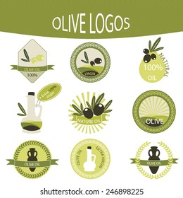 Set of olive oil logos, labels, badges for design organic cosmetics