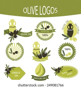 Set of olive oil logos, labels, badges for design organic cosmetics