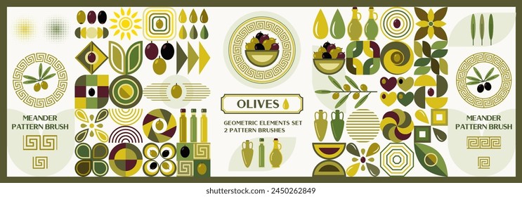 Set of olive oil themed design elements in simple style. Icons, abstract geometric shapes. Greek meander ornament pattern brush. For branding, decoration of food package, print, background.